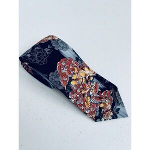 Ed Hardy‎ by Christian Audigier Black Gray Orange Chinese Dragon 100% Silk Tie